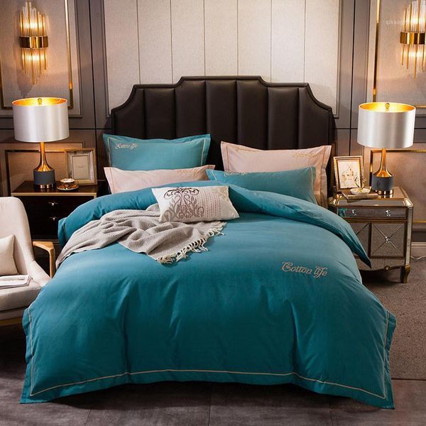 

luxury style pure cotton soft bed set embroidery duvet cover pillowcases bed sheet pillowcases solid blue green brown grey pink1