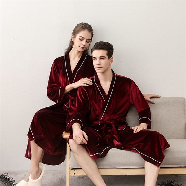 

men women's sleep lounge robes gold velvet autumn nightgrowns couple robe bathrobe male female dressing gown lounge homewear 201109, Black;brown