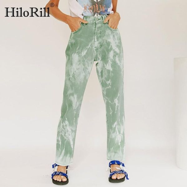 

hilorill fashion women printed denim pants streetwear mom jeans 2021 high waist cowboy trousers female casual pockets long jeans, Blue