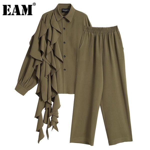 

eam] ruffles wide leg leg pants two piece suit new lapel long sleeve black loose fit women fashion spring autumn 2021 1dd2447, Gray