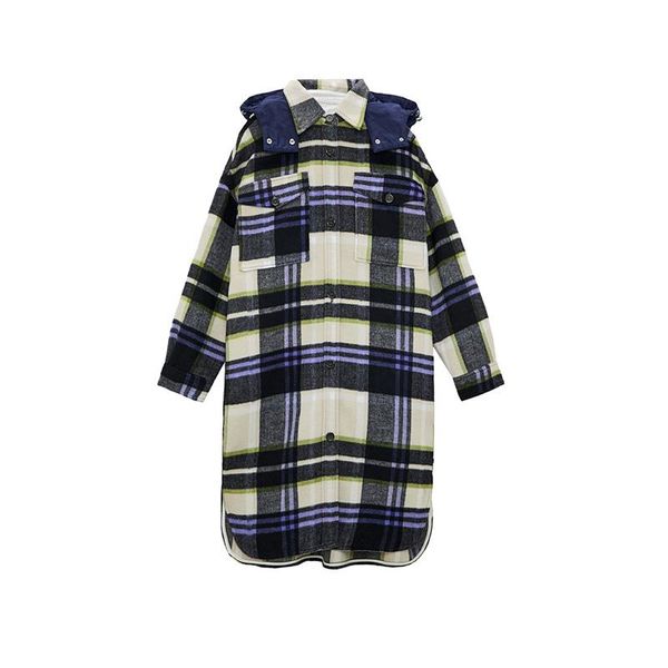 

vintage stylish long plaid hooded coat women fashion turn-down collar pockets buttons shirt jacket female chic outerwear, Black;brown