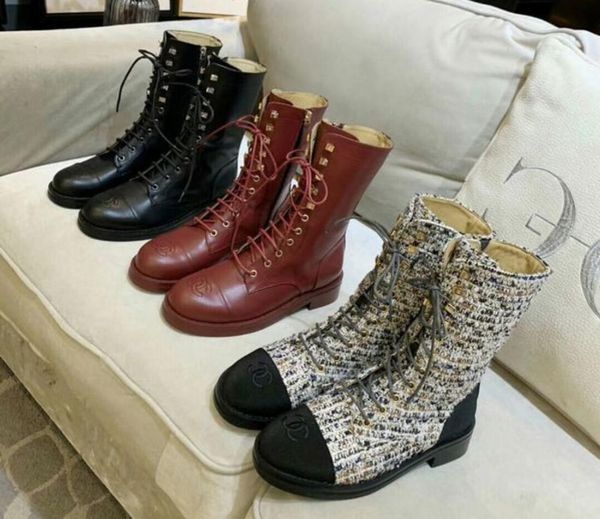 

classic luxury ladies dress ankle boots thick tweed boots sheepskin short boots fabric layer cowhide sheepskin lining fashion design, Black