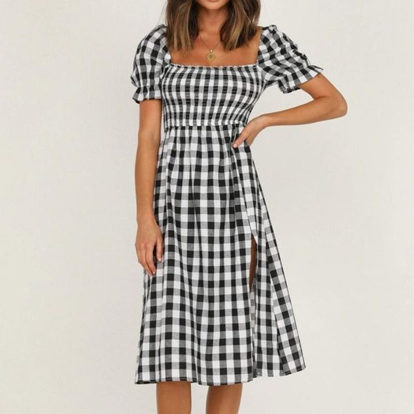 

party dresses short sleeve plaid women elegant square collar backless beach dress office lady comfy slit high waist vestidos, White;black