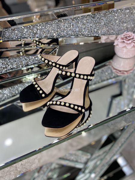 

sandals genuine leather roman hollow out square head sandals women's summer one button pearl thin heel high heels, Black