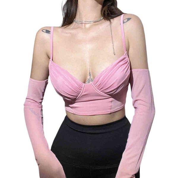 A tanque sexy cor-de-rosa das mulheres parte superior sólida espaguete veste da colheita do pescoço com meia camisa da base da manga para as mulheres adolescentes G220228