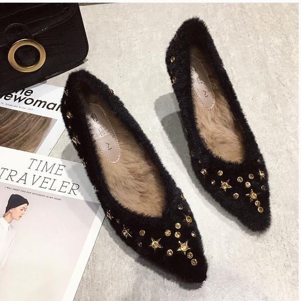 

mid heel shoes star decoration high-heeled shoes for women autumn and winter pointed toe stiletto plush for ladies1, Black