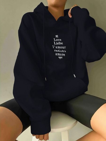 

letter embroidery drop shoulder drawstring hoodie 43xo#, White;black