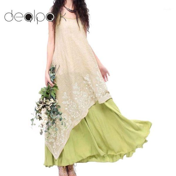 

summer boho long dresses women vintage cotton dress floral embroidery maxi dress o neck two layer beach plus size 5xl1, Black;gray