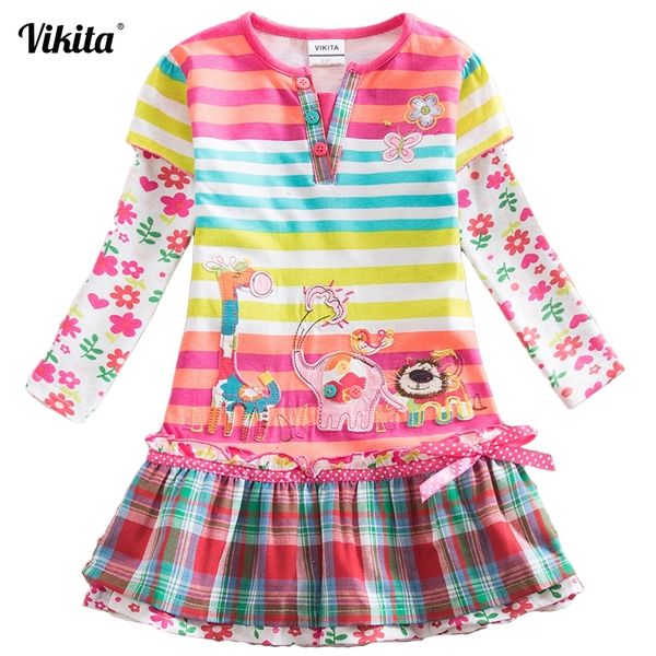 

vikita brand girls dresses kids baby striped roupa infantil dress child clothes girls deer elephant cartoon flower dresses l323 y200102, Red;yellow