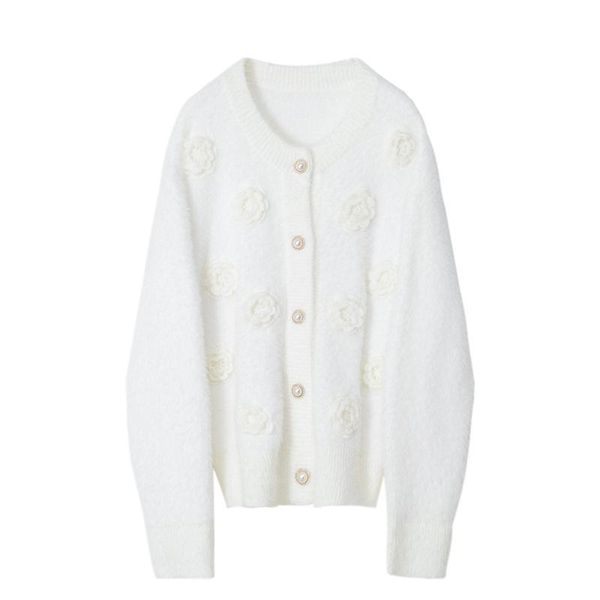 

women's knits & tees winter warm single-breasted sweater autumn sweet fleece imitation mink hand hook flower o-neck cardigan knitted, White