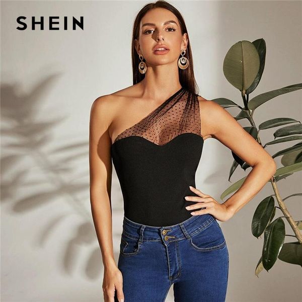 

shein black one shoulder dot flocked mesh yoke women summer slim fit vest sleeveless elegant solid ladies, White