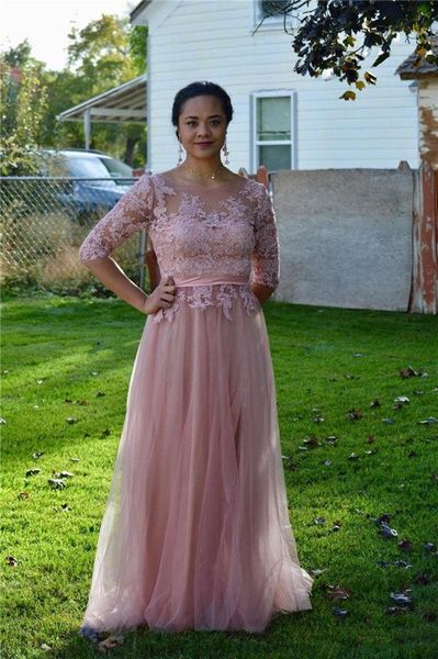 

plus size tulle a line prom dresses sheer scoop neck vestidos de novia lace applique half sleeves mother of the bride party gowns, Black