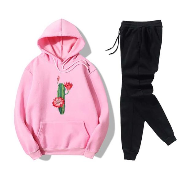 

women's tracksuits women tractsuits hooded sweatshirt+solid gym pants cactus flower printed two piece sets ladies set, Gray