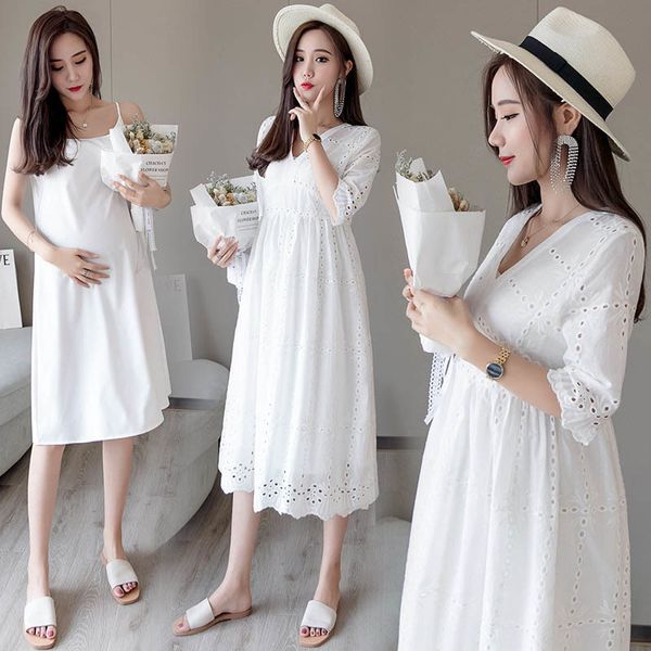 

summer pregnant dress maternity clothes embroidery lace maternity dress pregnancy clothes for pregnant woman two-piece dress lj201123, White