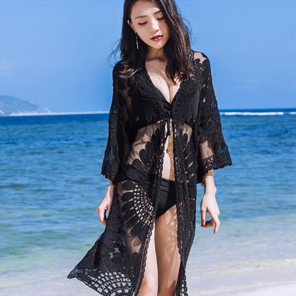 

womens clothing 1pc women beach cover up floral embroidery swimwear women robe cardigan bathingsuit drop shipping, White
