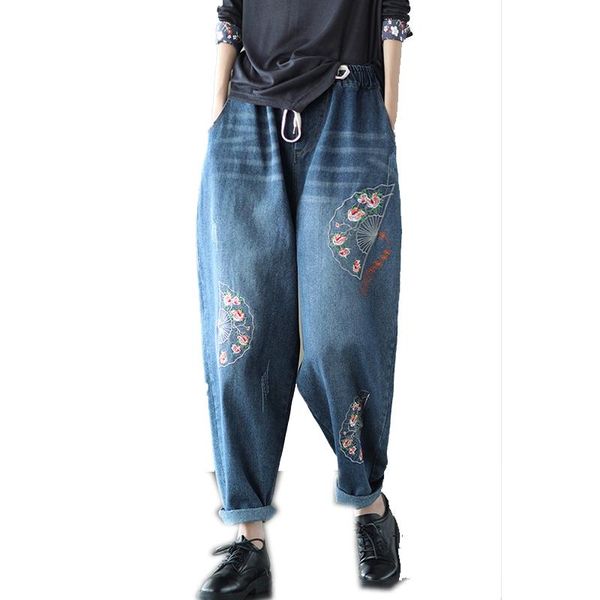 

new for autumn winter women retro vintage embroidery jeans denim pants straight big loose elastic waist a11171201, Blue