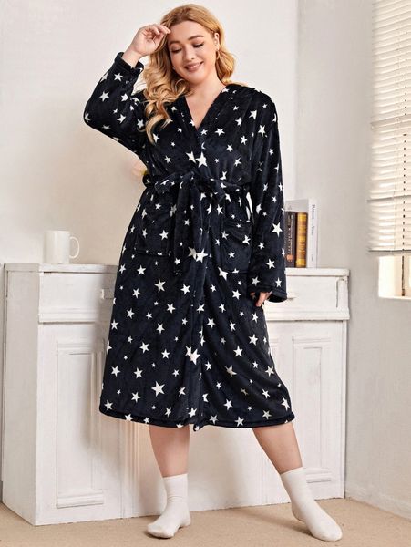 

plus star pattern double pocket hooded belted flannel robe u37d#, Black;white
