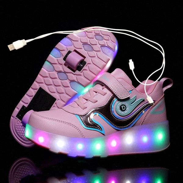 

size 28-43 led wheel sneakers for kids usb charging glowing roller shoes with lights double wheels children skate shoes #uz1l