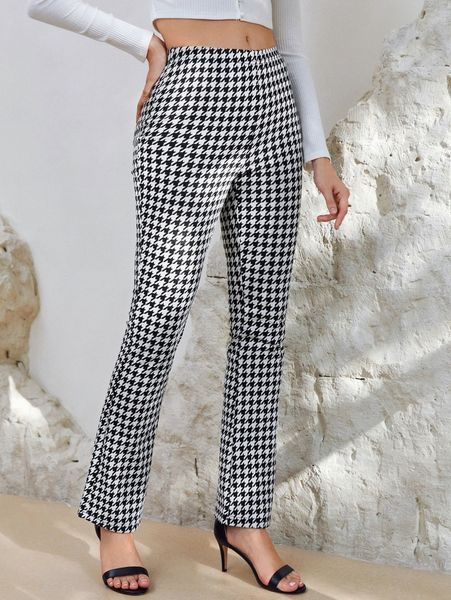 

houndstooth print flare leg pants p1vi#, Black;white