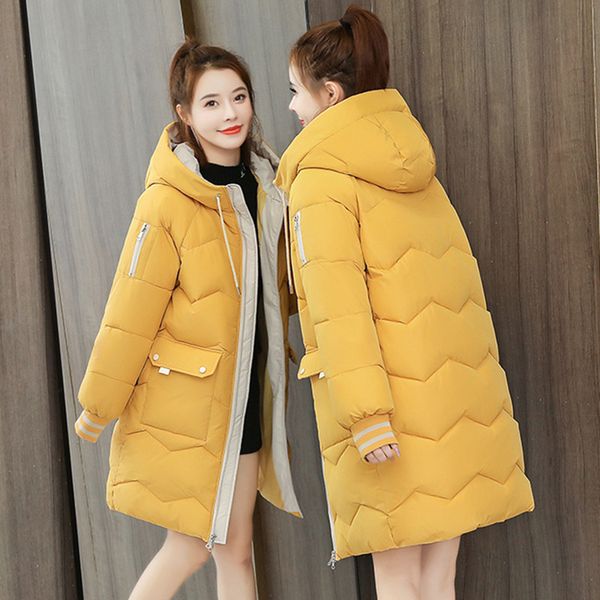 

2021 down padded women all-match slim winter new korean mid-length loose cotton coat thick hooded jacket if3y, Black