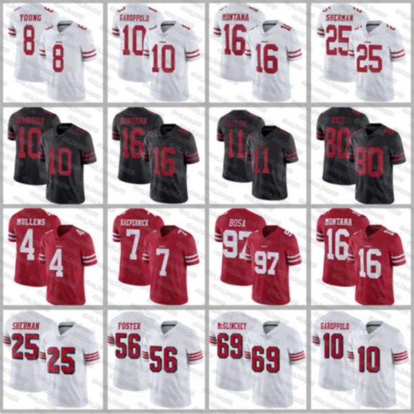 

2020 new 10 jimmy garoppolo 2020 jerseys 97 nick bosa 85 george kittle 80 jerry rice 56 reuben foster 16 joe montana football jerseys, Black;red