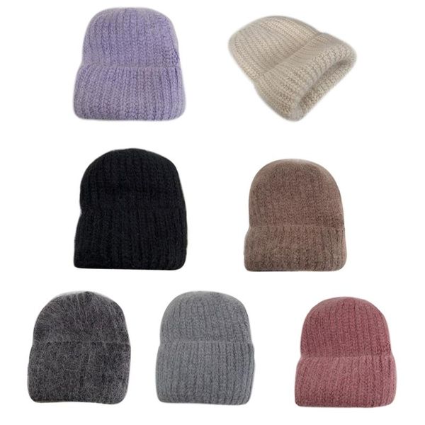 

women winter thicken warm fuzzy plush knitted beanie hat simple plain solid color harajuku stretch cuffed skull cap