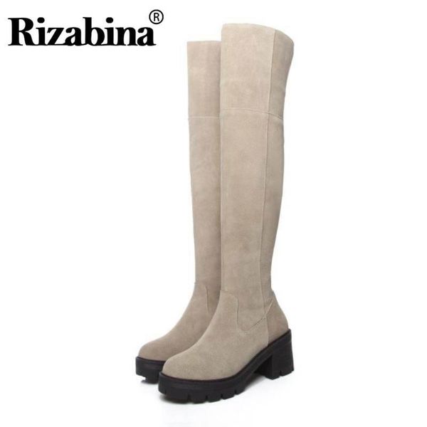 

boots rizabina women thigh high real leather heels platform shoes fall winter keep warm stretch size 34-39, Black