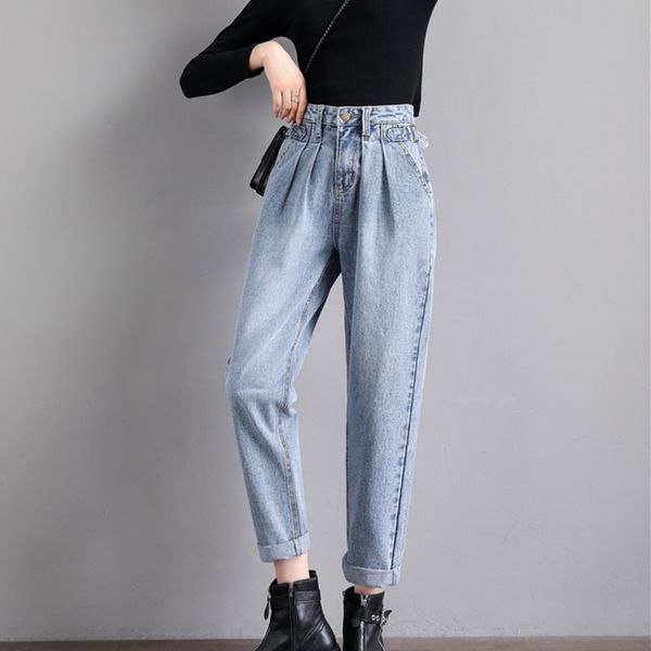 

autumn women high waist loose harem dad jeans female jeansy streetwear straight trousers lady students wide legs length pants y1214, Blue