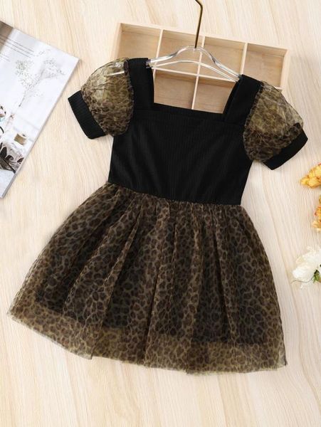 

toddler girls contrast leopard mesh puff sleeve dress she, Red;yellow