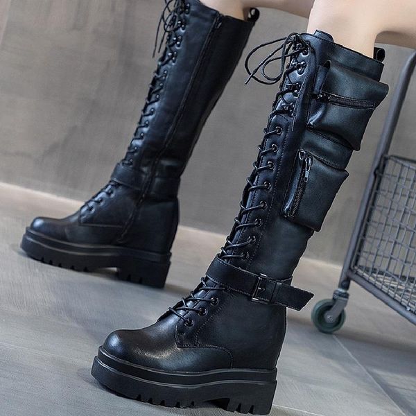 

boots spring autumn pockets cross-tied platform height increasing genuine leather women long ladies knee-high motorcycle botas, Black