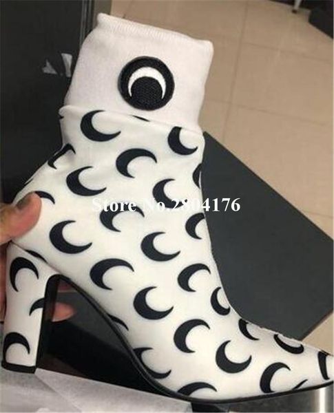 

fashion pointed toe knitted moon printed chinky heel socks short boots white beige elastic high heel ankle booties, Black