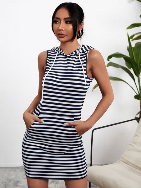 

striped drawstring hooded tank dress 62tc#, Black;gray