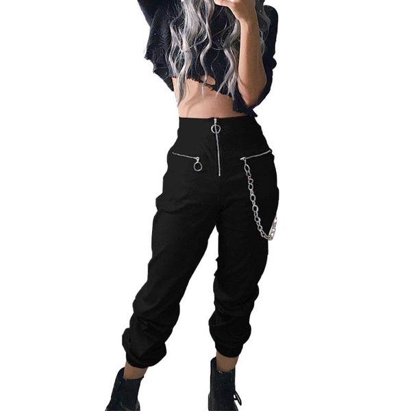 

punk rock style black chain cargo pants joggers women high waist zipper baggy street club hip hop sport trousers streetwear, Black;white