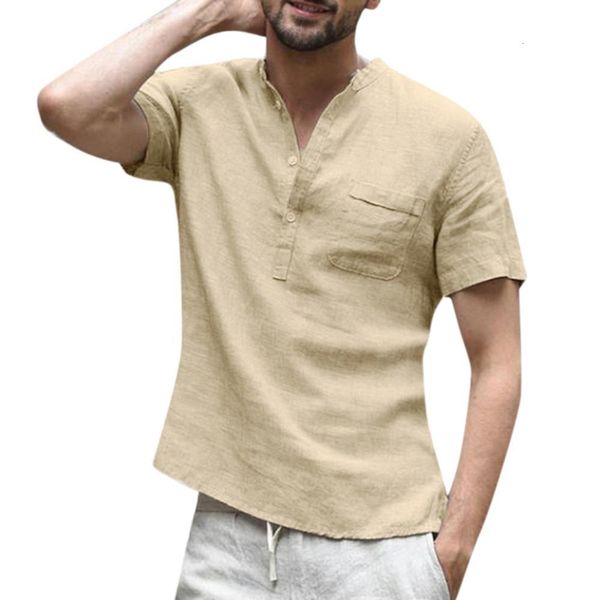 

men casual blouse shirt men's baggy cotton linen soild color short sleeve retro shirts blouse o-neck linen shirt for summer, White;black