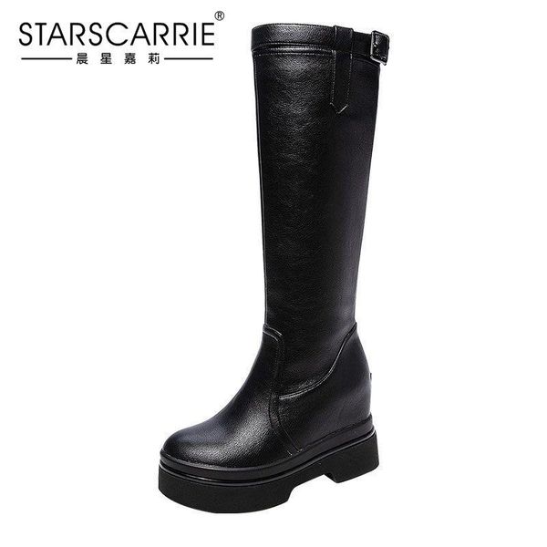 

2020 fall/winter height women's leather boots thick-soled buckles leisure high cotton boots slim women's high-shoes, Black