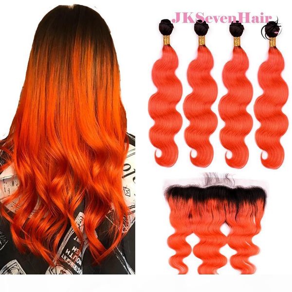 

body wave 1b orange brazilian virgin hair bundles 4pcs with 13x4 inch lace frontal two tone orange peruvian indian hair wefts with frontal, Black