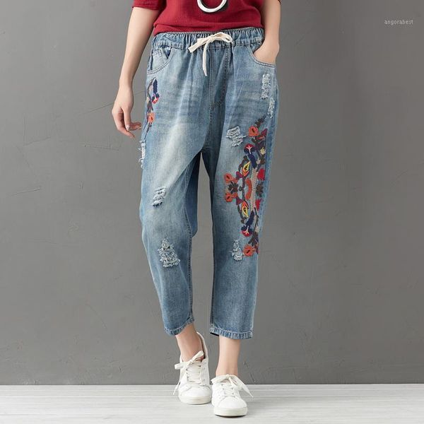 

plus size jeans female loose embroidery denim harem pants elastic high waist jeans women streetwear vintage mom 3xl q25921, Blue
