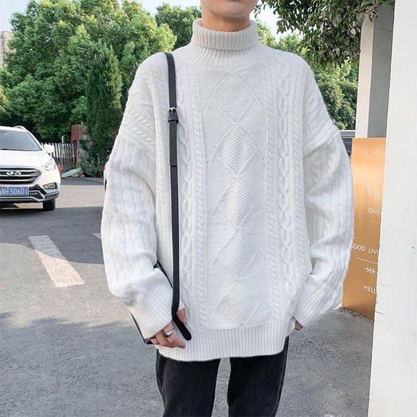 

men's high collar solid color sweater korean casual fashion loose harajuku streetwear pullover men's retro student style sweater, White;black