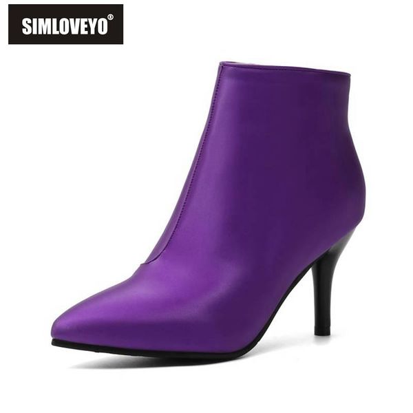 

boots simloveyo 2021 winter shoes women ankle female pu leather pointed toe zipper stiletto heels booties mujer large size, Black