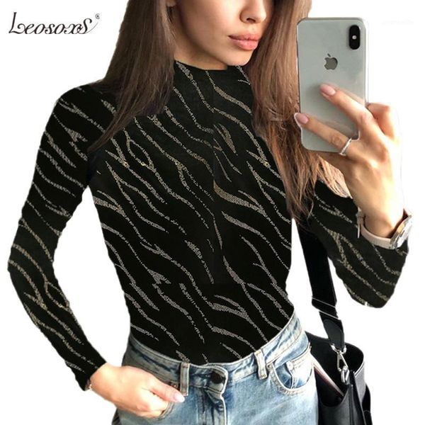 

leosoxs 2020 winter women rompers bodysuit autumn fashion casual long sleeve printed turtleneck bodycon bodysuit for women1, Black;white