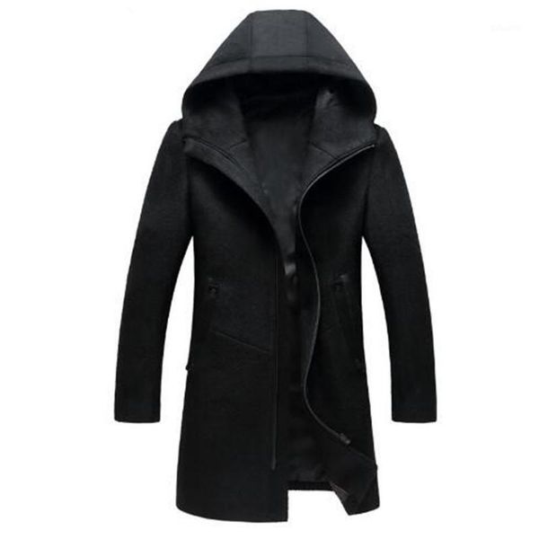 

mens hooded wool coat fashion zipper pea coat jackets slim men long coats winter warm hoodies jacket men1, Black