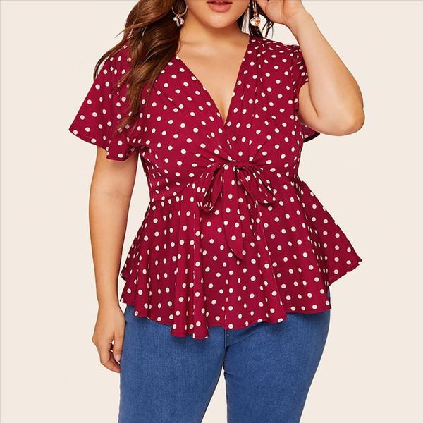 

womens polka dot knot front blouse plus size v neck short sleeve shirt bow blouse summer female tee shirt women clothing, White