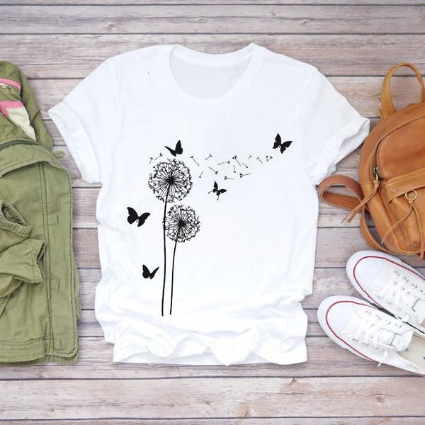 

women butterfly dandelion plant short sleeve animal 90s print lady t-shirts womens graphic t shirt ladies female tee t-shirt, White