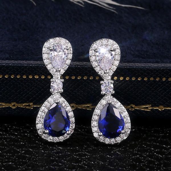 

luxury female earrings 925 sterling silver blue zircon water drop wedding earrings for women pendientes oorbellen brincos, Golden;silver