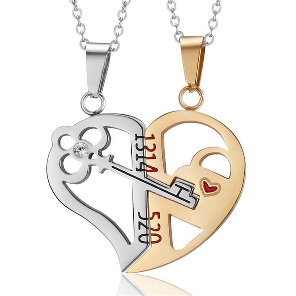 

pendant necklaces key heart necklace stainless steel mens womens couple love cz puzzle matching, Silver