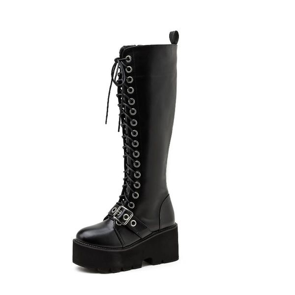 

2020 winter new long boots waterproof platform buckle chunky heel high heel riding boots wedge -c2088-2, Black