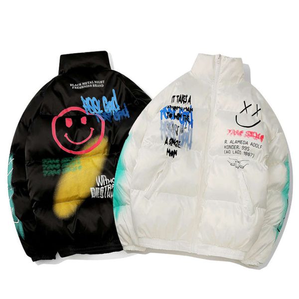 

american street style men and women's popular padded cotton coat hand-painted smiley face graffiti hip-hop couples oversize jacket size, Black;brown