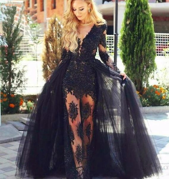 

setwell deep v-neck sheath evening dresses long sleeves lace appliques plus size prom party gowns with overskirt, Black;red