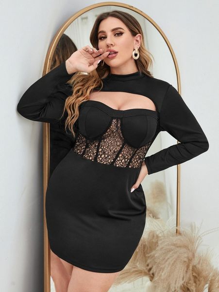 

plus mock neck cut out contrast lace dress i4qn#, Black