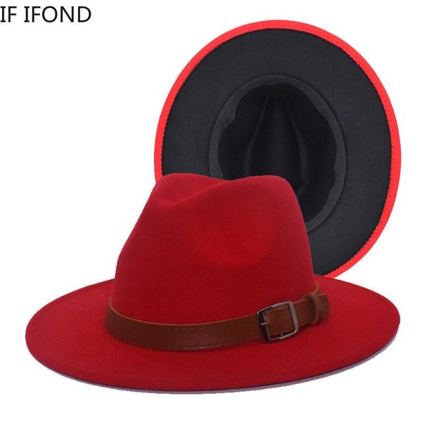 

56-58 cm retro jazz fedora hats with belt buckle women red and black patchwork wool felt panama hat, Blue;gray